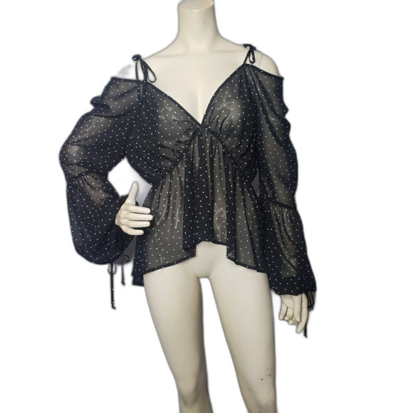 FOR LOVE & LEMONS Black White Dots Semi Sheer Long Sleeve Top Womens Size Medium - Picture 9 of 9